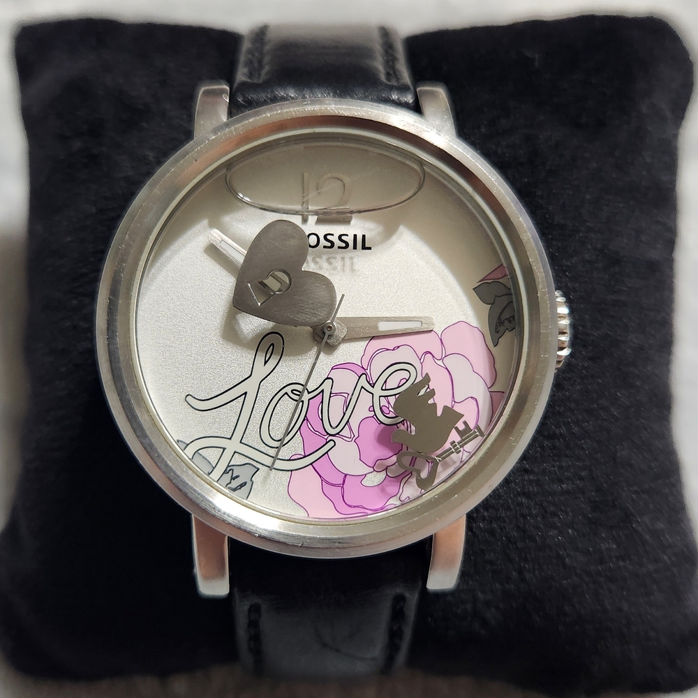 Fossil Silver and Black Watch with Pink Accents